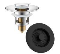 Hibbent Kitchen & Bathroom Drain Stopper Bundle | Matte Black SUS304 Kitchen Sink Strainer + Chrome Brass Bathroom Basin Pop-Up Plug | UK Standard Fit