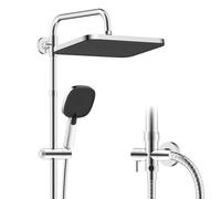 Hibbent Self-Cleaning Rainfall Shower Kit with 304 Stainless Steel Shower Rail, 4-Mode Handheld Shower Head, Height Adjustable,Without Mixer, Brass Diverter,30 * 20cm,Black Panel with Chrome Frame