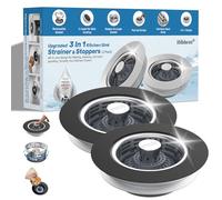 Hibbent Upgraded 2 Pack 3 in 1 Kitchen Sink Drain Strainer, Stainless Steel Pop Up Sink Stopper, Larger Anti-Clogging Basket, 3-Layer Seal, Detachable Plug for US Standard 3-1/2" Drain, Matte Black