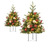 HiBean 2Pcs Pre-lit Mini Christmas Trees, 30 inch Artificial Christmas Tree with Stakes for Driveway, Yard, Garden, Pathway Christmas Tree with LED Lights, Red Berries, Gold Balls (Gold)