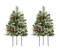 HiBean 30 Inch Outdoor Christmas Tree Frosted Urn Filler 2 Set, Pre-lit Small Artificial Xmas Tree with 50 LED Lights, Realistic Carolina Pine and Berries for Pathway, Porch, Driveway, Yard (White)