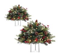 HiBean Outdoor Prelit Christmas Tree 2 Pack, Battery Operated Pre-lit Artificial Small Xmas Tree with 50 Lights and Pine Cones & Red Berries for Entrances Porch Driveway Yard Garden (Green)