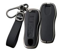 HIBEYO 4 Button Smart Key Fob Cover Compatible with Porsche 911 Cayenne Macan Panamera Taycan Key Holder Key Leather & Alloy, 4 Button Black, 4 Button black