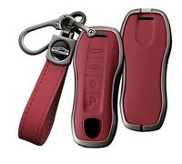 HIBEYO 4 Button Smart Key Fob Cover Compatible with Porsche 911 Cayenne Macan Panamera Taycan Key Holder Key Leather & Alloy, 4 Button Red, 4 Button red
