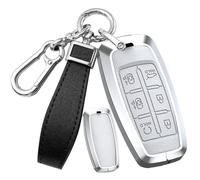 HIBEYO 6 Button Car Fob Cover for Hyundai Genesis GV80 GV90 G70 G80 G90 GV70 Car Accessories Metal &Leather Key Case Holder Protector with Keychains-White