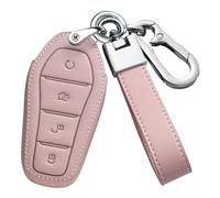 HIBEYO Car Key Case Fits BYD Atto 3 Han Tang Song Yuan Qin Seal Dolphin Cowhide Leather Key Box Key Case Remote Control Protective Key Case Key Shell A Pink