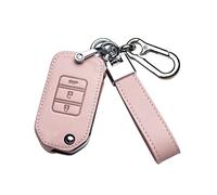 HIBEYO Car Key Case Fits Honda Protective Case Cowhide Leather Key Case Flip Key for CR-V HR-V XR-V Insight Odyssey Jazz Vezel Keychain Remote Key Box 3 Buttons Pink