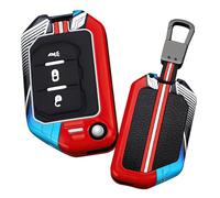 HIBEYO Flip 3 Button Key Fob Cover Compatible with Jeep Wrangler JL JLU Gladiator 4XE 2018-2021 Accessories Metal Painted Sports Style Key Shell with Keychains-3 Button Red