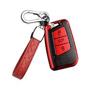 HIBEYO Smart Car Key Case Fits VW Key Cover Protective Case for Golf 7 Polo Passat T-Rock Skoda Seat 3 Buttons Remote Control Accessories Key Fob 3 Buttons TPU Leather Texture Red