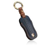 HIBEYO Smart Key Fob Case Leather Full Protection Cover Compatible with Porsche 911 Cayenne Macan Panamera Taycan 3 4 Button Keyless Entry Remote Shell Accessories-(4 Button Blue)