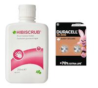 Hibiscrub Antimicrobial Skin Cleanser, 250 ml & Duracell CR2032 Lithium Coin Batteries 3V (2 Pack) - Up to 70% Extra Life* - Baby Secure Technology