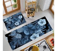 Hibiscus And Palm Leaves Kitchen Rugs Sets Non Slip Washable Kitchen Mats Anti Fatigue Comfort Hawaiian Style Floor Mats for Laundry, Hallways, Sink 40x60cm+40x120cm Dark Blue