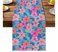 Hibiscus Bloom Table Runner, Boho Romantic Tropical Pink Flower Plants Cotton and Table Linen Runner for Kitchen Dining Home Decor for Party Festival Holiday Decoration Gift 13x48in
