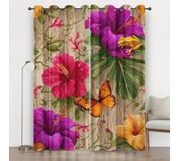 Hibiscus Butterfly 3D Print Blackout Curtains 90 Inches Long, Plant Eyelet Curtains, Thermal Insulated Energy Saving for Living Room Bedroom Window Privacy Drapes 2 Panels Home decor, Light Brown
