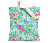Hibiscus Canvas Tote Bag for Women, Tropical Vibrant Sailboat Palm Leaf Summer Teal Washable Reusable Grocery Bag for Shopping Brunch Park Library Day Trips 13x15 Inch