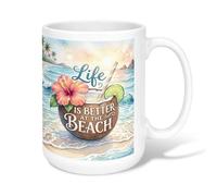Hibiscus Ceramic Coffee Mug, Summer Tropical Coconut Lime Summer Blue Novelty Office Drinking Cup with Handle Ideal for Friendship Family Colleague Staff Sweetheart Teachers 15 Oz