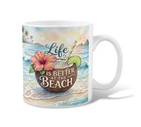 Hibiscus Ceramic Coffee Mug, Summer Tropical Coconut Lime Summer Blue Novelty Office Drinking Cup with Handle Ideal for Friendship Family Colleague Staff Sweetheart Teachers 11 Oz