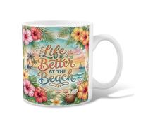 Hibiscus Ceramic Coffee Mug, Tropical Summer Coconut Palm Leaves Summer Green Novelty Tea Cup with Handle Ideal for Friendship Family Colleague Teachers Sweetheart Staff 11 Oz