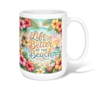 Hibiscus Ceramic Coffee Mug, Tropical Summer Coconut Palm Leaves Summer Green Novelty Tea Mug with Handle Ideal for Friendship Family Colleague Teachers Sweetheart Staff 15 Oz