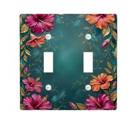 Hibiscus Double Light Switch Cover Plate, Tropical Botanical Leaves Floral Arrangement Summer Teal Plastic Standard Size Wall Switch Plates Accents for Home Living Room New Apartment Decor