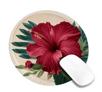 Hibiscus Floral Desk Mouse Pad, Red Green Tropical Flowers Stitched Edge Mousepad, Rubber Non-Slip Washable Gaming Mouse Pad for Home and Office Computer, Laptop Round