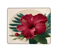 Hibiscus Floral Desk Mouse Pad, Red Green Tropical Flowers Stitched Edge Mousepad, Rubber Non-Slip Washable Gaming Mouse Pad for Home and Office Computer, Laptop Square 8x10 Inch