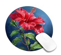 Hibiscus Flower Desk Mouse Pad, Red Floral Watercolor Non-Slip Mousepad, Rubber Washable Gaming Mouse Pad for Home and Office Use Round 8x8 Inch