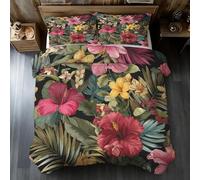 Hibiscus Flower Emperor Duvet Cover Set, Tropical Plant Floral Bedding Set, Microfiber Soft Reversible Quilt Cover 290x235 + 2 Pillowcase, Zipper Closure, Bedroom Decor BhT38