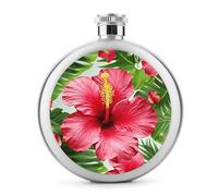 Hibiscus Flower Hip Flask for Travel, Round Stainless Steel Flasks for Men Women, Portable Alcohol Bottle for Camping, Leakproof Flask Flagon for Activitie, 5 Oz