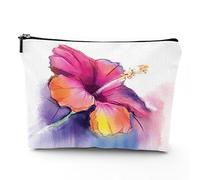 Hibiscus Flowers,Linen Cosmetic Bag for Women Makeup Bag,Watercolor Red Hibiscus Flower,Organizer Makeup Pouch for Purse Water Resistant Gift,Pink Blue,7x9in