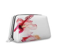 Hibiscus Flowers,Makeup Bag Cosmetic Bag,Hibiscus Flowers Watercolor,Leather Organizer Make Up Bag Reusable Toiletry Bag,Red Green,S