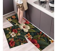 Hibiscus Frangipani Kitchen Rugs Sets of 2 Non Slip Vintage Tropical Flowers Kitchens Mats for Floor Washable Kitchen Runner Rug Carpet 40x60cm+40x120cm Standing Mats for Office Home Decor, Green