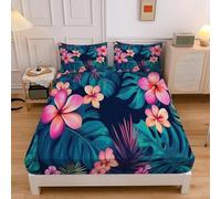 Hibiscus Monstera Fitted Sheet Double Bed Palm Leaf Plant 3D Fitted Sheets Deep Pocket 12 inch 30 cm Bottom Sheet Ultra Soft Microfibre Bedding Set with 2 Pillowcases a.8109