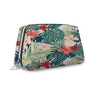 Hibiscus Print, Makeup Bag Cosmetic Bag,Hibiscus Flowers Summer Themed,Leather Organizer Make Up Bag Reusable Toiletry Bag,Pink Red,M