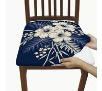 Hibiscus Seat Covers for Chairs, Tropical Botanical Leaves Bamboo Summer Navy Spandex Washable Stretch Breathable Chair Covers Decor for Dining Room Hotel Housewarming 4pcs