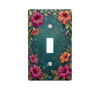 Hibiscus Single Light Switch Cover Plate, Tropical Botanical Leaves Floral Arrangement Summer Teal Plastic Standard Size Wall Switch Plates Accents for Bedroom Bathroom Kitchen Entrance Decor (Single)
