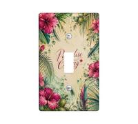 Hibiscus Single Light Switch Cover Plate, Tropical Botanical Palm Leaves Coconut Summer Peach Plastic Standard Size Decorative Wall Plates for New Apartment Home Bedroom Office Decor (Single)