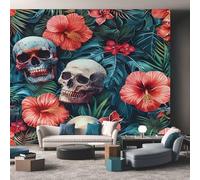 Hibiscus Skull Wallpaper for Living Room, Tropical Botanical Wall Mural for Bedroom, Non-Woven Photo Wallpaper Home Decor 450X315cm, Wall Decoration D6
