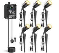 HIBOITEC 6 Pack Dimmable Garden Spotlights 5W 250LM, Dusk to Dawn Sensor & Timer, IP65 Weatherproof Outdoor Spike Lights Mains Powered, 40W Smart Transformer- Detachable Design Spotlight for Pathway