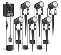 HIBOITEC Dimmable Garden Lights with Timmer ＆ Dust to Down Sensor, Waterproof Outdoor Lights Mains Powered, 52FT Cool White Garden Spotlights with Transformer for House Yard Trees (6 Pack)
