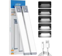 HIBOITEC Under Cabinet Kitchen Lights, Dimmable Wireless Motion Sensor Lights Indoor, USB-C Rechargeable LED Night Lights for Kitchen, Wardrobe, Cupboard, 2 Pack, Cool White Light, 25.5 cm
