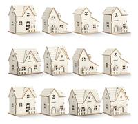 Hiboom 12 Pcs DIY Christmas Village Sets Wood Village Houses with Fence Christmas Mini Wooden House Gift for Winter Xmas Party Decorations
