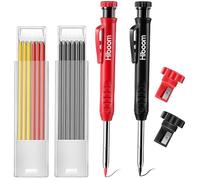 Hiboom 2 Pack Solid Carpenter Pencil with 14 Refill, Long Nosed Deep Hole Mechanical Pencil Marker with Built-in Sharpener for Carpenter Woodworking Architect with Design Patent (Black, Red)