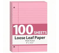 HIBOX Loose Leaf Paper Wide Ruled, 100 Sheets 8"x10.5" 3-Hole Punch, Pink