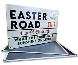 Hibs Football Metal sign, Easter Road EH7 Leith Edinburgh, while the chief puts sunshine on Leith