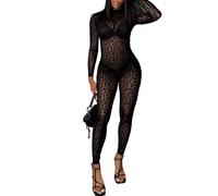 hibshaby Sexy Mesh Black Leopard Jumpsuits for Women Bodycon Outfits Streetwear Rompers, Black, M