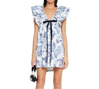 hibshaby Women's Floral Print Mini Dress V Neck Puff Sleeve Dress Short Babydoll Bow Dress, Printed Blue, L