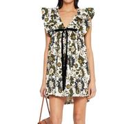 hibshaby Women's Floral Print Mini Dress V Neck Puff Sleeve Dress Short Babydoll Bow Dress, Printed Dark Green, XS