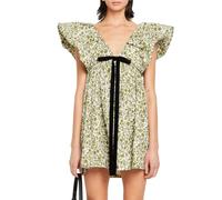 hibshaby Women's Floral Print Mini Dress V Neck Puff Sleeve Dress Short Babydoll Bow Dress, Printed Green, S