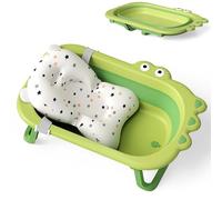 Hibtn Baby Crocodile Bathtub,Foldable Bath Tub Collapsible Bathtub with Baths Support Cushion Pad Seat Mat, Baby Bath Essentials for Newborn, Anti-Slip Infant Tubs Soft Bathing for 0-3 Years